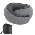 U-shaped memory foam travel neck pillow in a storage bag, shown in dark grey colour.
