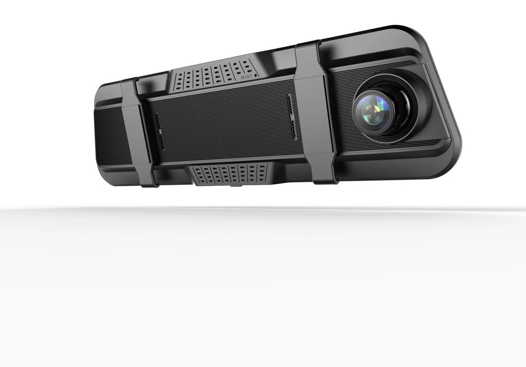 Dual-lens driving recorder with 9.66-inch touchscreen installed at rearview mirror position
