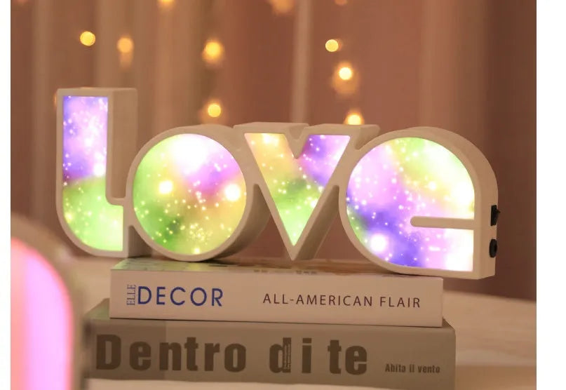 Rainbow style LED LOVE light decoration with plastic shell measuring 35.5cm by 13.5cm