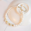Korean style freshwater pearl bracelet with diamond-shaped electroplated beads in jade colours