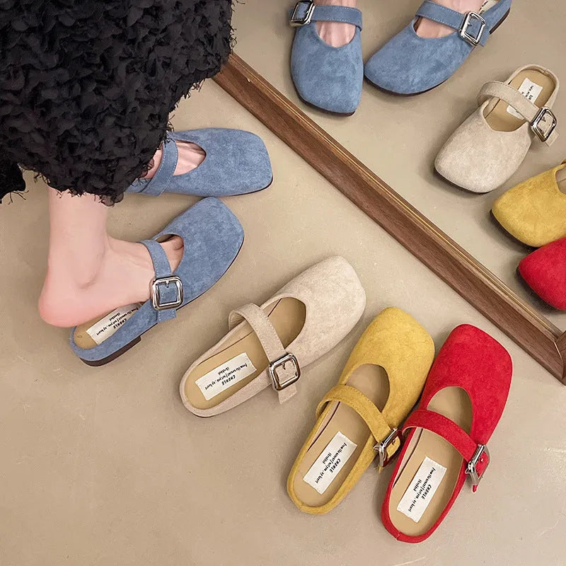 Women's flat PU leather slippers with square toe design in multiple colours
