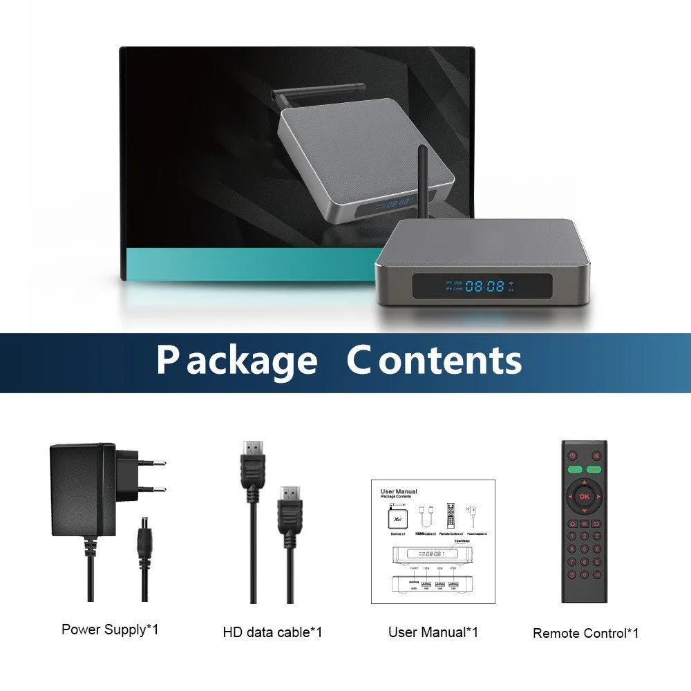 Android 8K TV set-top box with remote control, HDMI cable, and power supply on a white background.