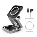Foldable three-in-one desktop wireless charging stand for Apple iPhone and Samsung Galaxy phone.