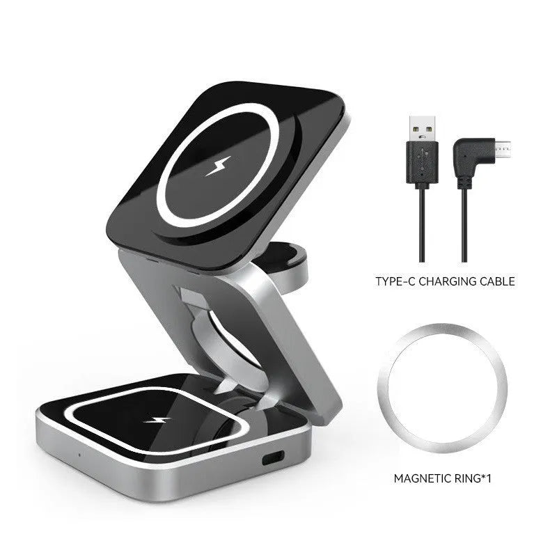 Foldable three-in-one desktop wireless charging stand for Apple iPhone and Samsung Galaxy phone.