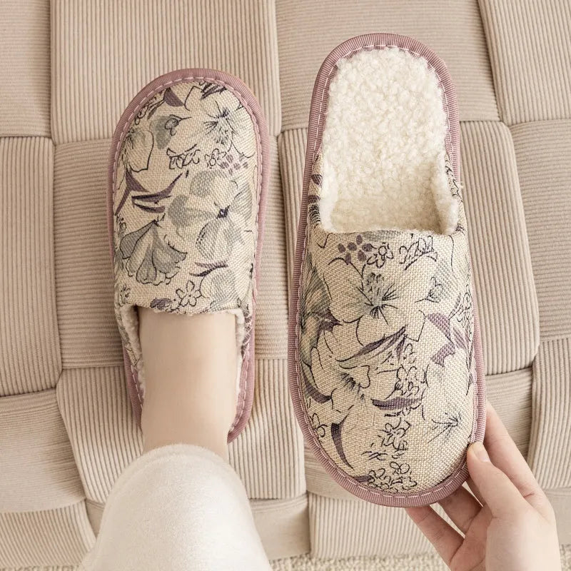 Household cotton slippers with floral patterns and PVC soles in various colours and sizes