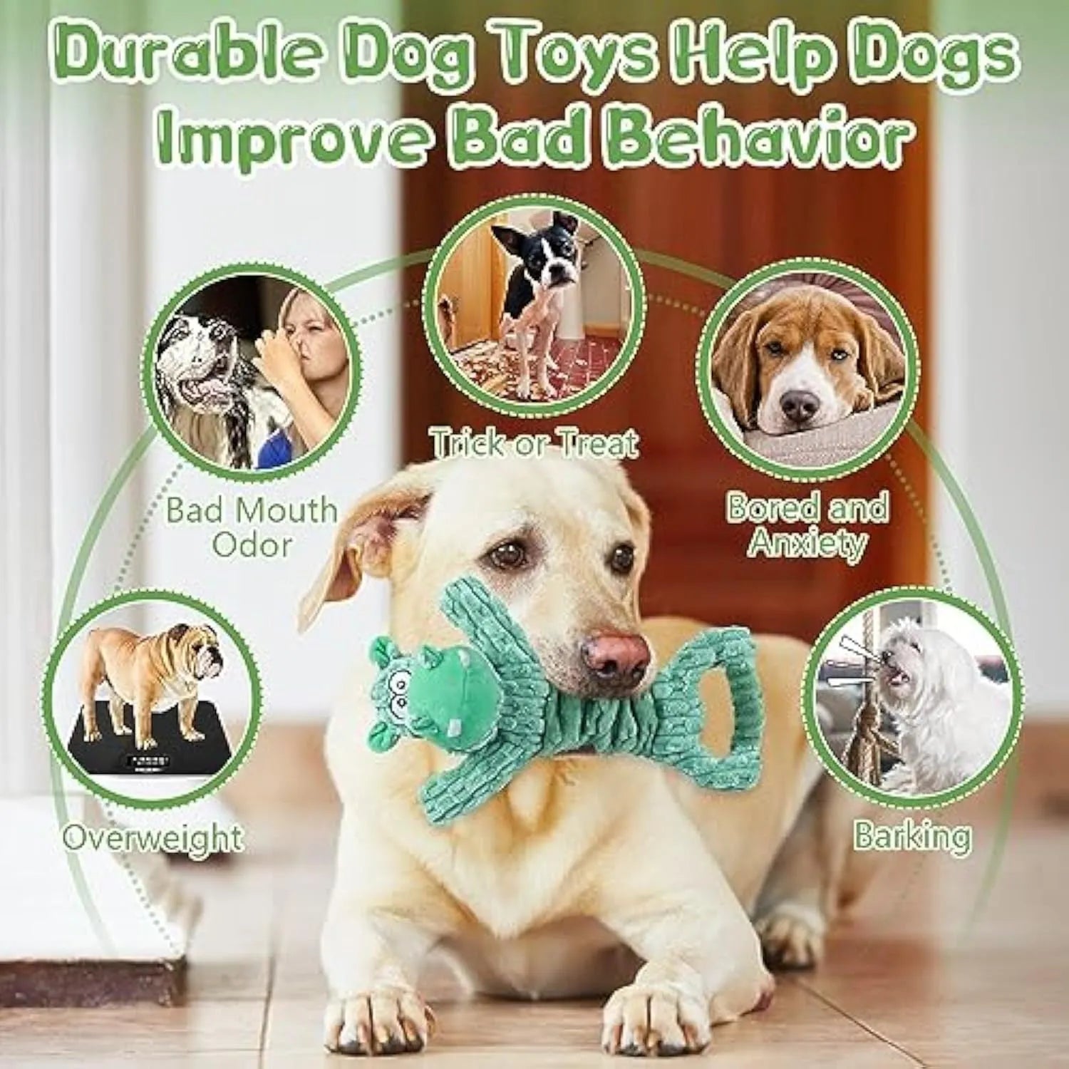 Large plush squeaky dog toy with handle, shown in Hippo and Monkey designs, for indoor tug-of-war play.