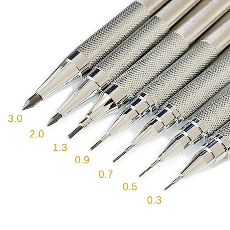 Metal automatic mechanical pencil shown with selectable lead size options including 0.5mm and 2.0mm.