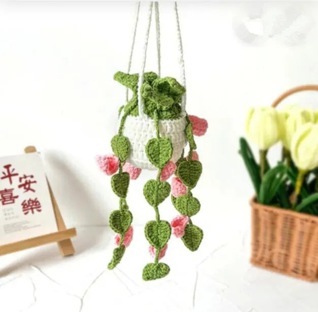 Green and white crochet car plant ornament with 25cm white hanging rope on 8cm basin base
