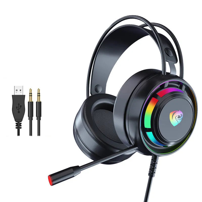 Black wired over-ear gaming headset with microphone and a long cable showing 3.5mm and USB plug options.