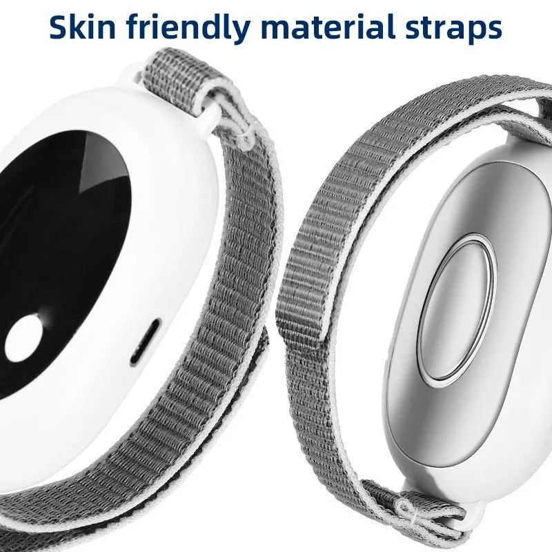 White sleep aid device with handheld remote control and adjustable intensity settings for insomnia management