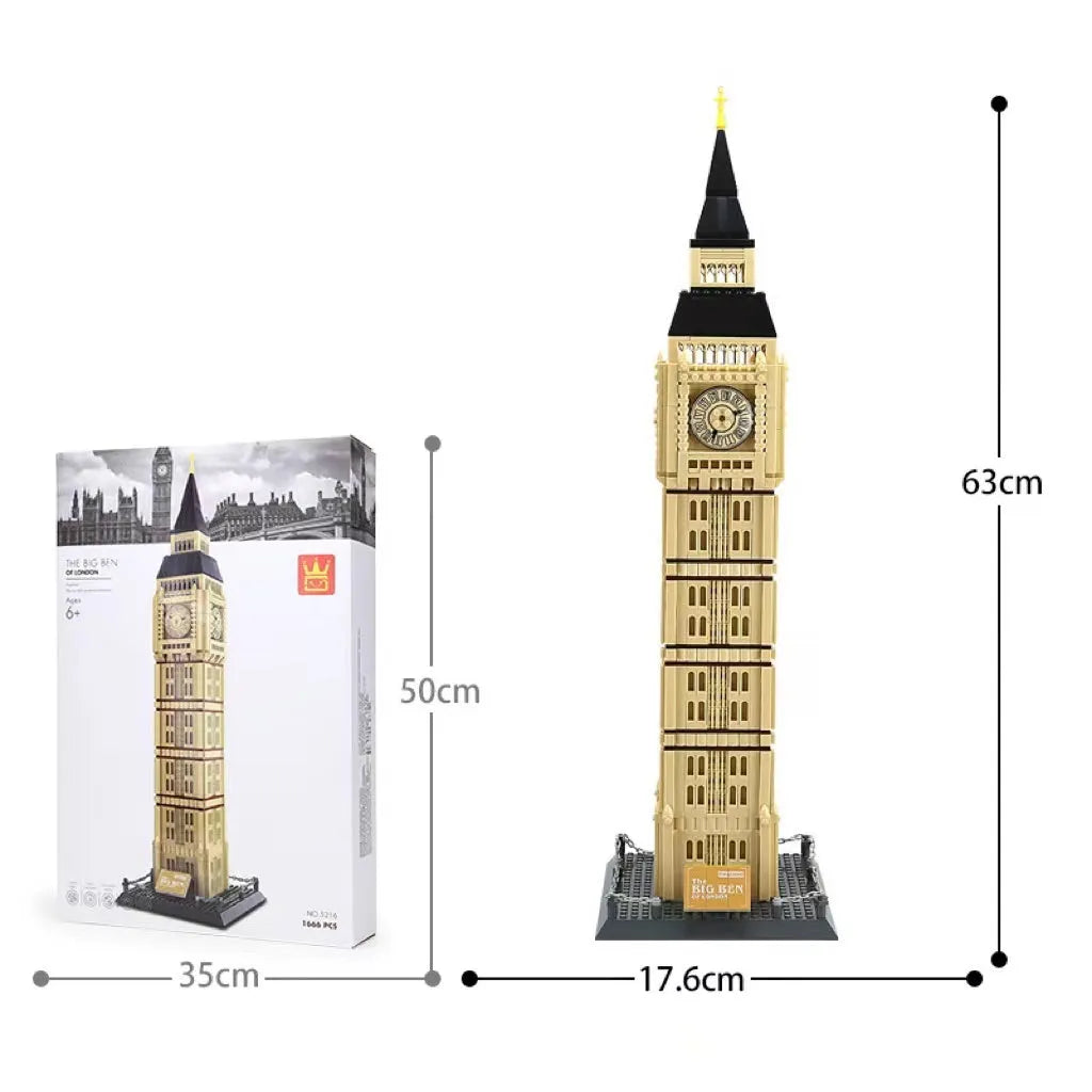 Wange plastic building block set with over 800 pieces for constructing landmark models including Big Ben and the Statue of Liberty.