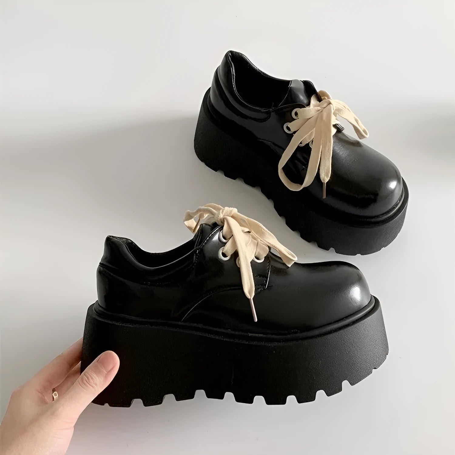 Matte black women's lace-up shoes with a chunky 6-8cm heel and round toe.