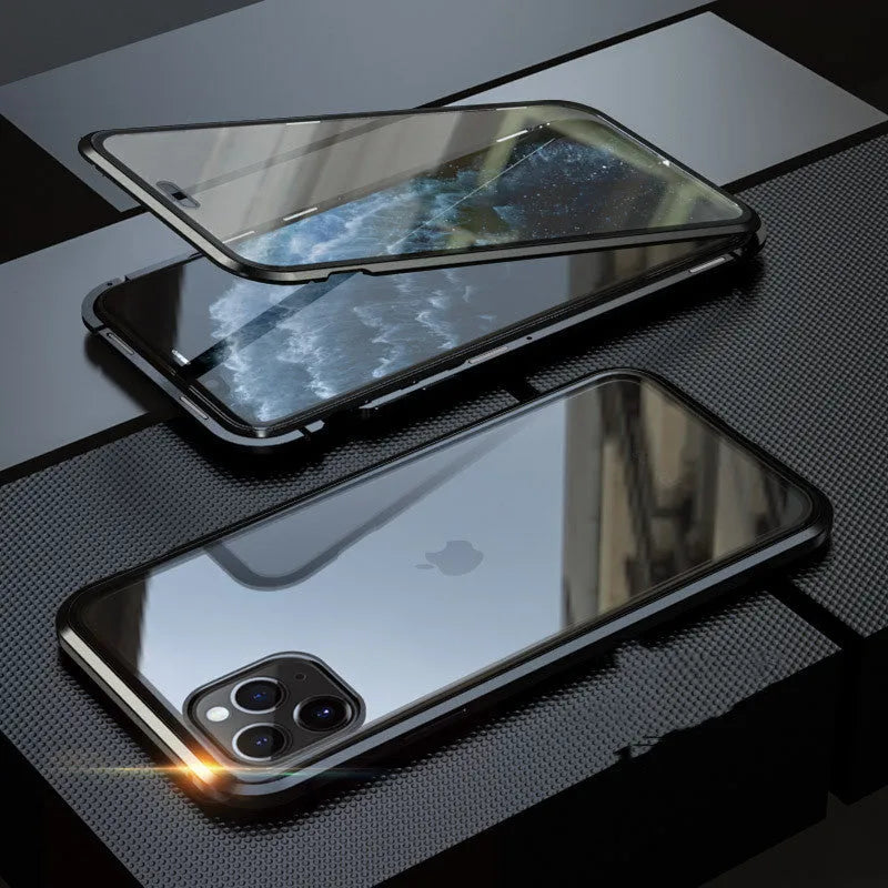 Black glass clamshell anti-spy case on an iPhone, showing geometric design and solid colour.