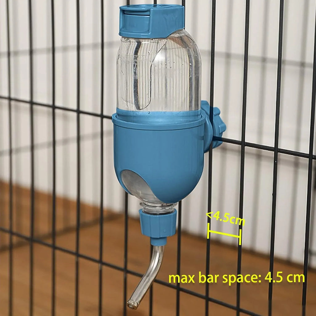 Blue small animal cage water bottle with rotatable nozzle mounted on metal bars