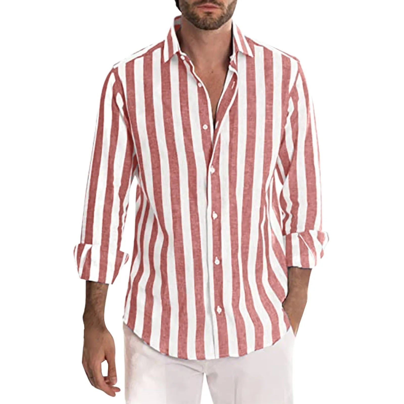 Men's yarn-dyed striped casual long sleeve shirt in British style loose cardigan fit