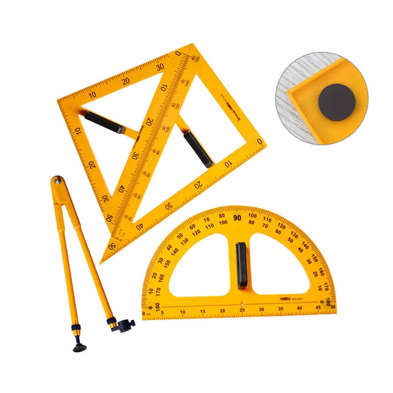 Orange and black mathematics teaching set with triangle rulers, protractor, and chalk compass