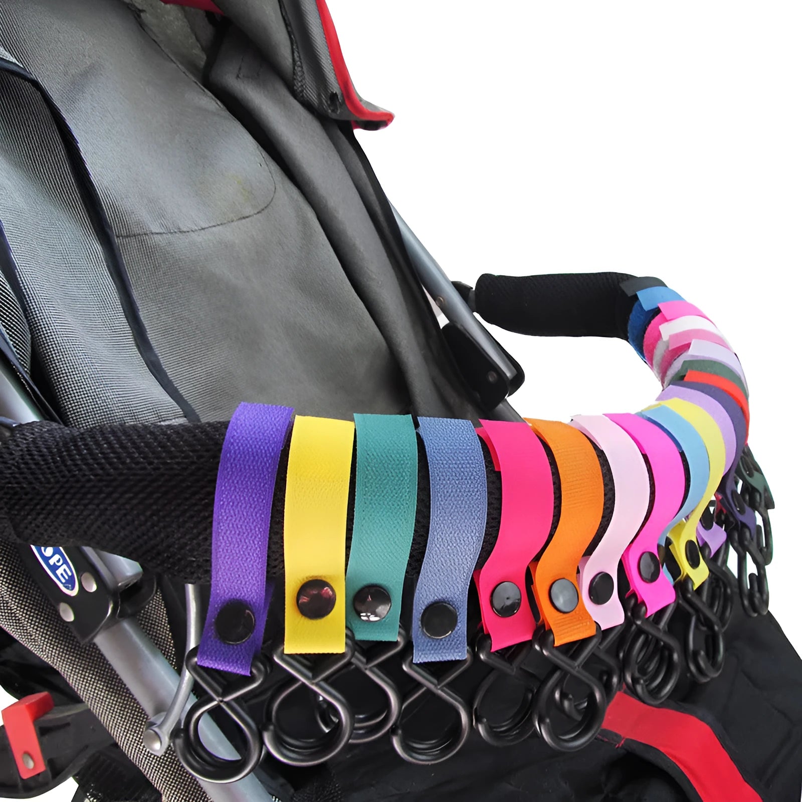 Nylon luggage velcro hook shown in multiple colour options including red, blue, green, and yellow variants