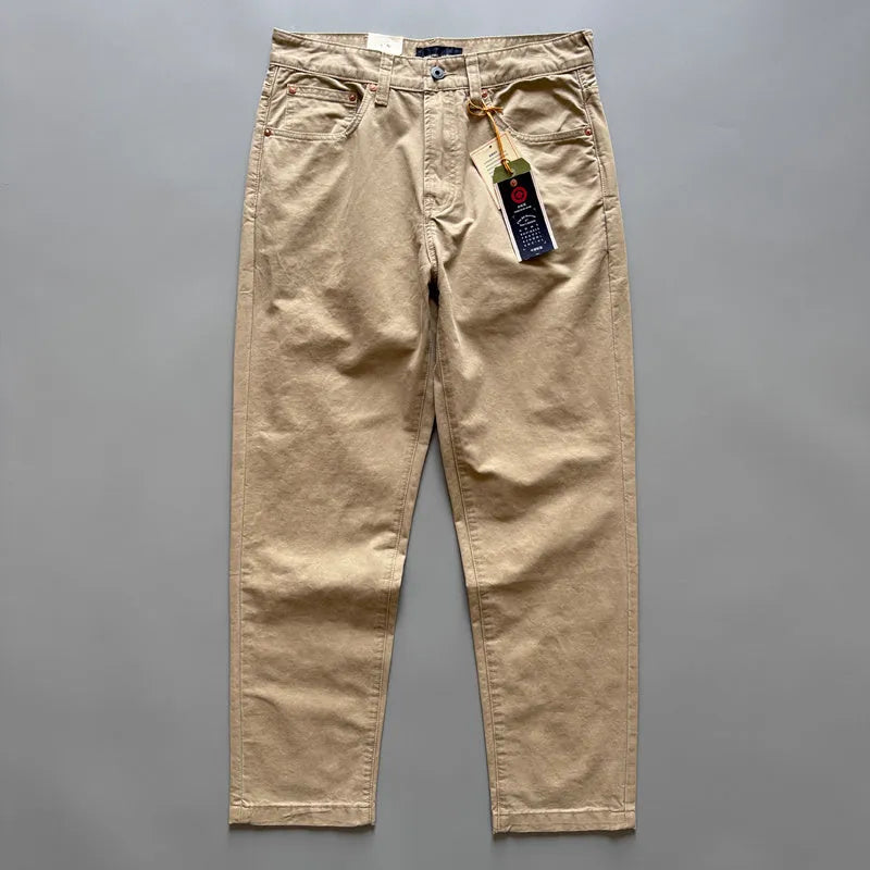 Men's straight fit cotton casual trousers in American retro style showing grey, army green, and khaki colour options