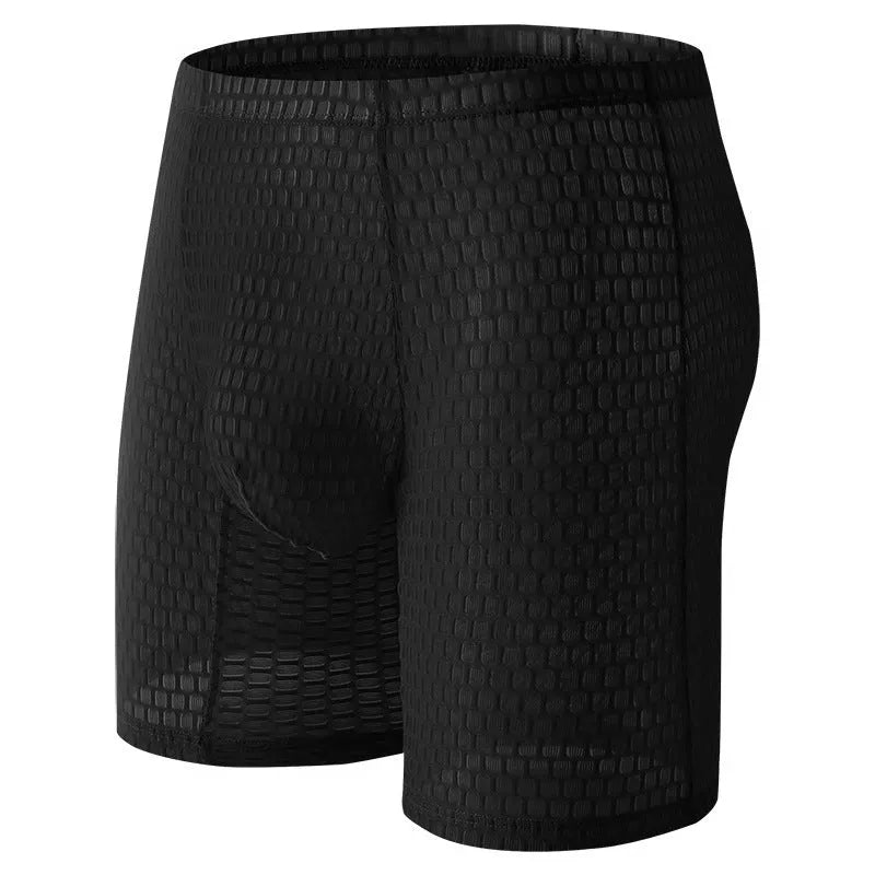 Men's lace boxer underwear in light purple on a grey background, showing the lengthened hip lift design.