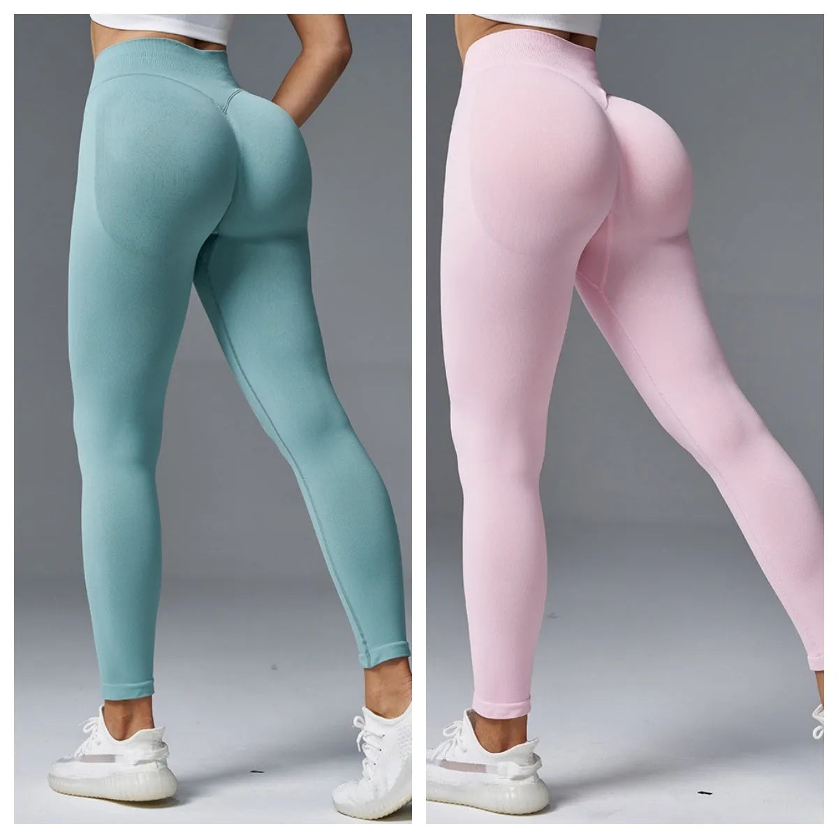 Woman wearing peach-coloured tight mid-waist yoga pants with a hip-lifting fit.