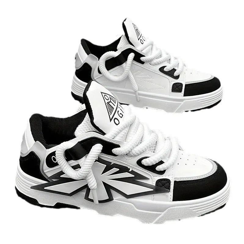 Men's white chunky sneakers with a cartoon totem pattern on the synthetic leather upper and a thick rubber sole.