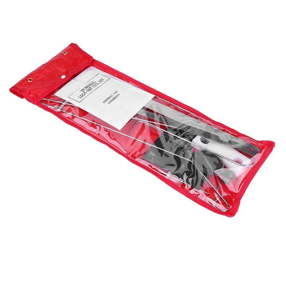 Nine-piece automotive emergency tool set showing air pump wedge, plastic wedges, hook tools and crowbars