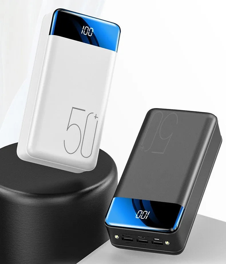 50000mAh power bank with three USB output ports in black plastic case