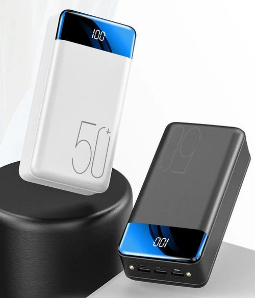50000mAh power bank with three USB output ports in black plastic case