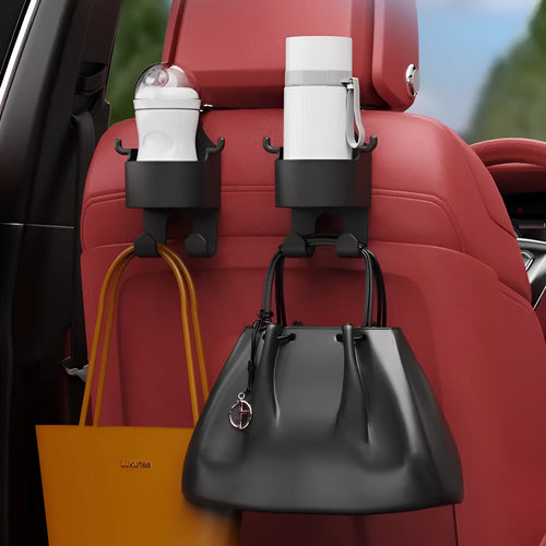 Black plastic car seat back organiser with cup holder and hook