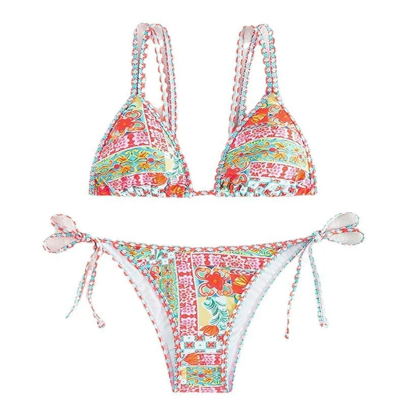 Women's lace-up split swimsuit with adjustable tie sides in polyester spandex fabric