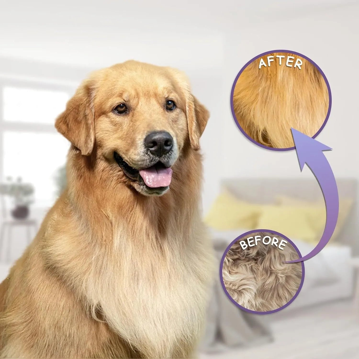 Purple handled pet grooming comb with long and short stainless steel teeth for detangling dog and cat fur.