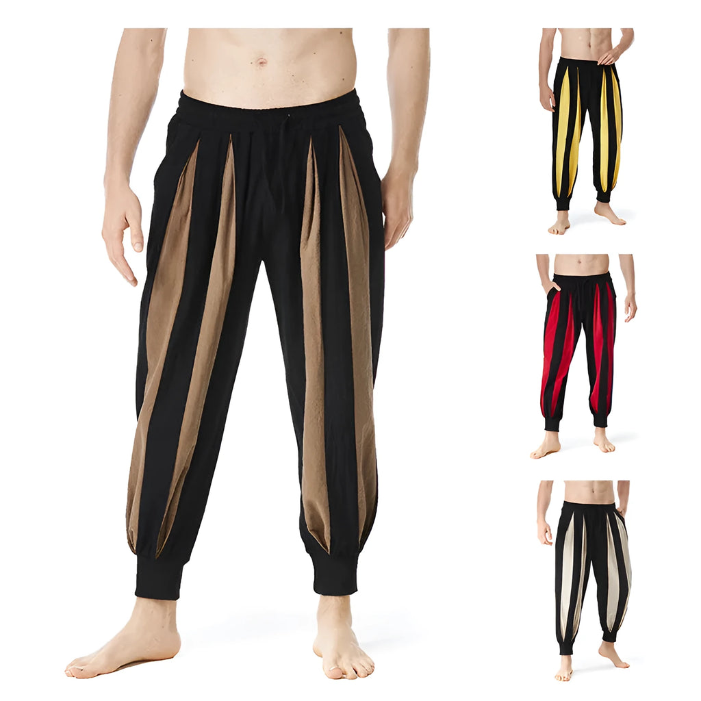 Men's straight-leg casual trousers in red, khaki, yellow, or brown colours with ordinary thickness polyester fabric