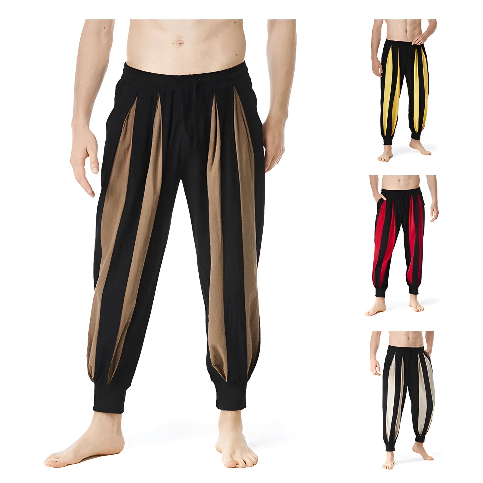 Men's straight-leg casual trousers in red, khaki, yellow, or brown colours with ordinary thickness polyester fabric