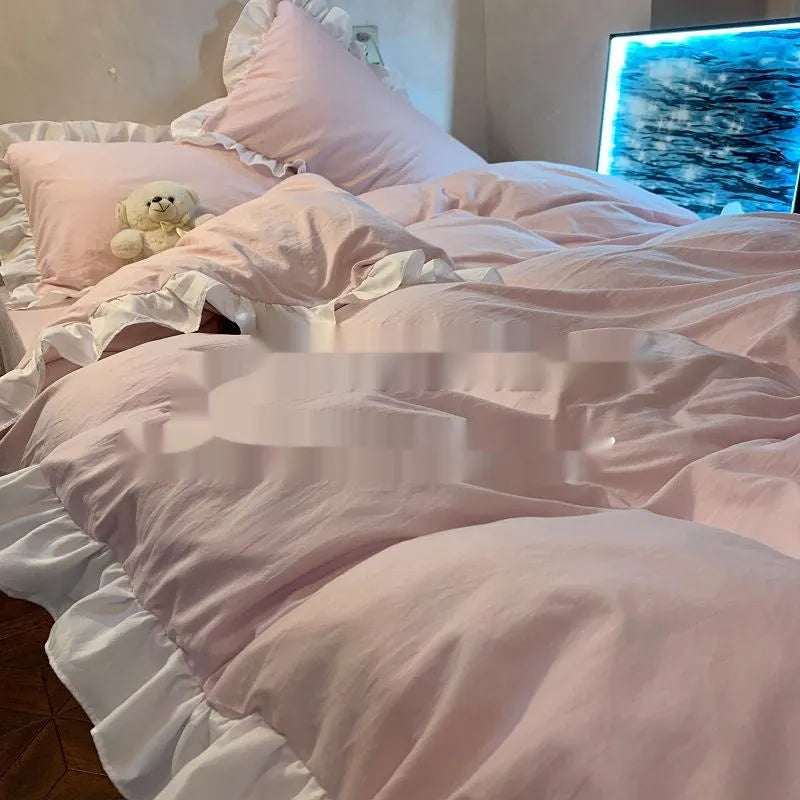 Mori style washed cotton four-piece bedding set in solid lace-creamy colour with quilt cover, sheet, and pillowcases