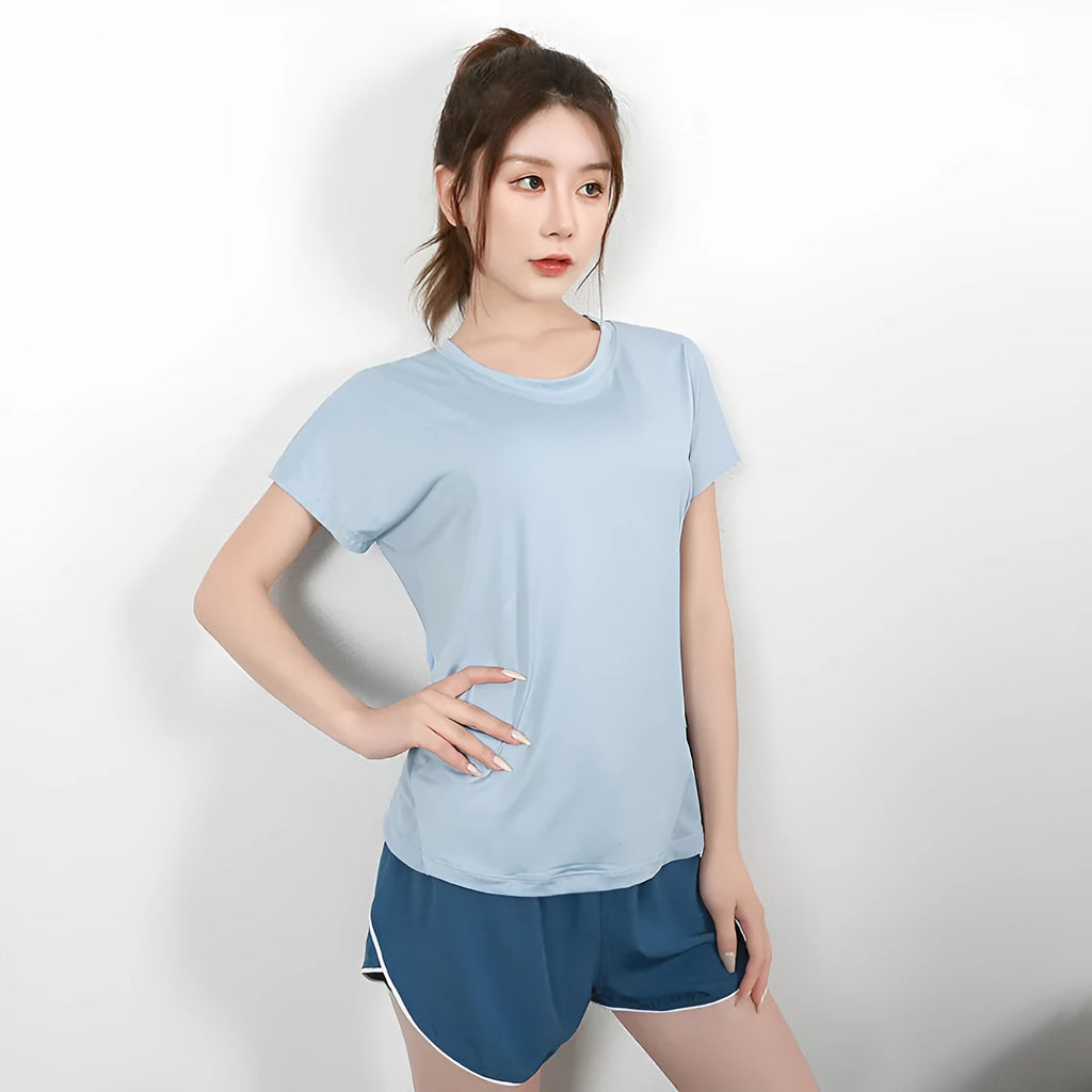 Women's polyester short sleeve sports t-shirt in black, grey green, sky blue and pink colours