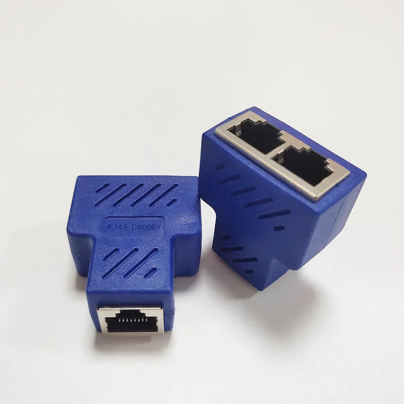 RJ45 network cable splitter adapter showing one input and three output ports in multiple colour options