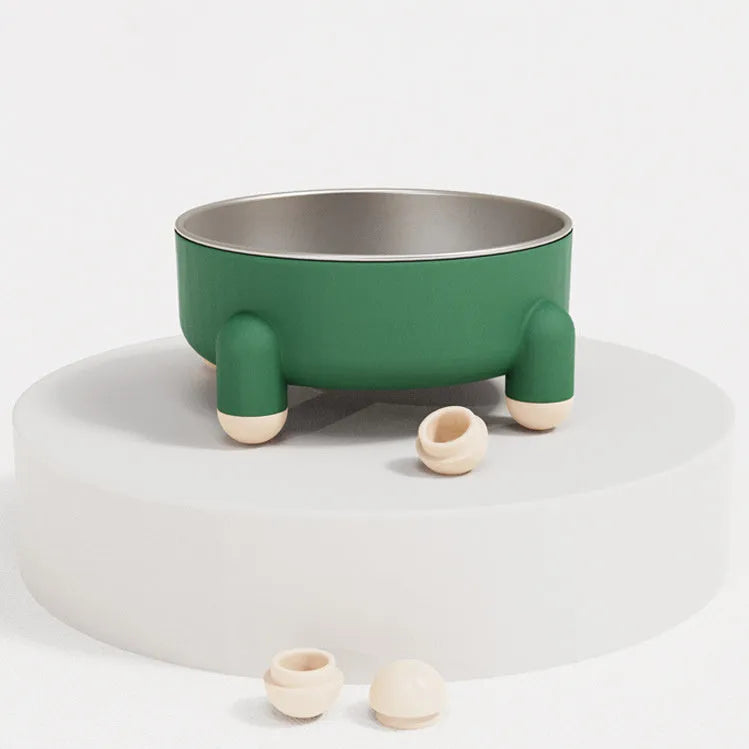 Stainless steel pet food bowl with non-slip base in pink, white and green colours