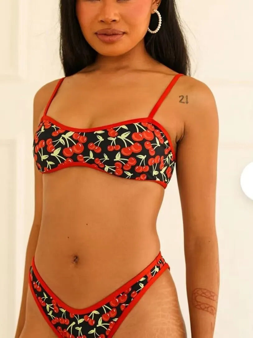 Women's cherry print tube top bikini swimsuit with briefs bottom in polyester fabric