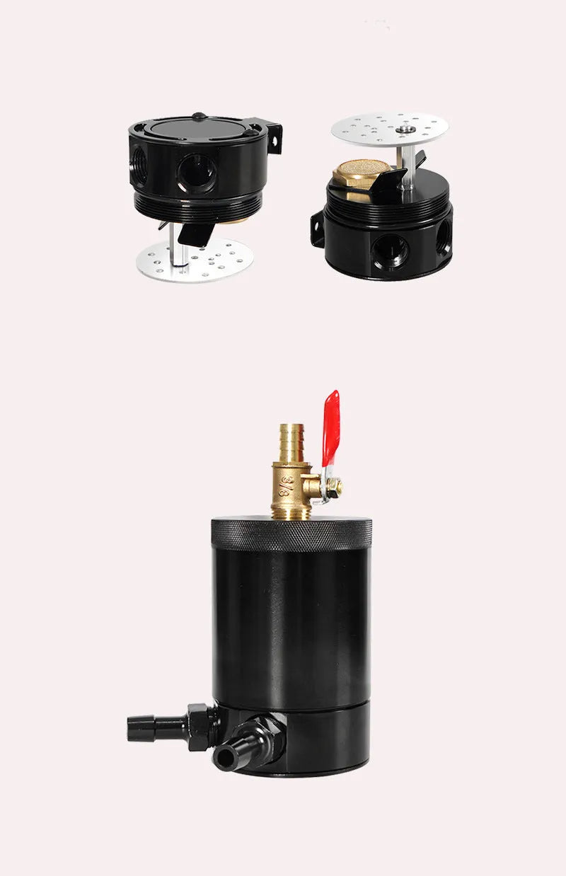 Black aluminium automotive oil pot with two-hole breathable design and connector fittings
