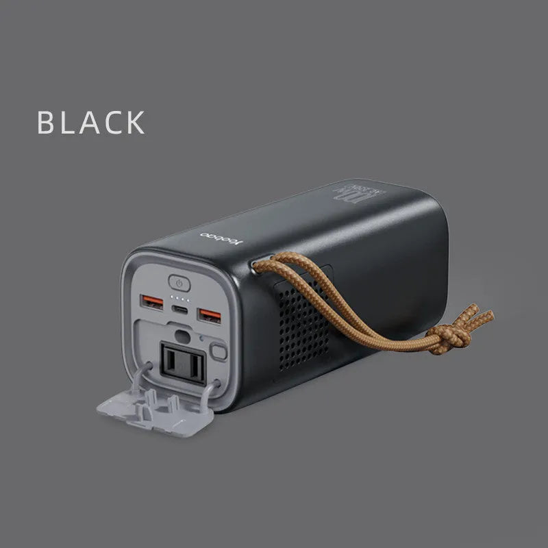 Black portable power bank with 20000mAh capacity and 220V output for outdoor use
