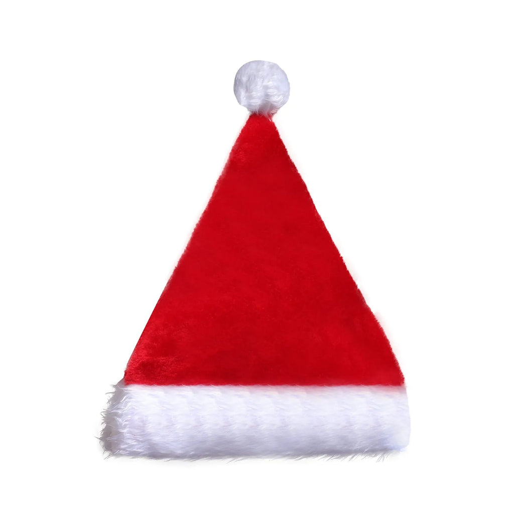 Red and white plush LED Santa hat with pom-pom and multi-coloured twinkling lights on.