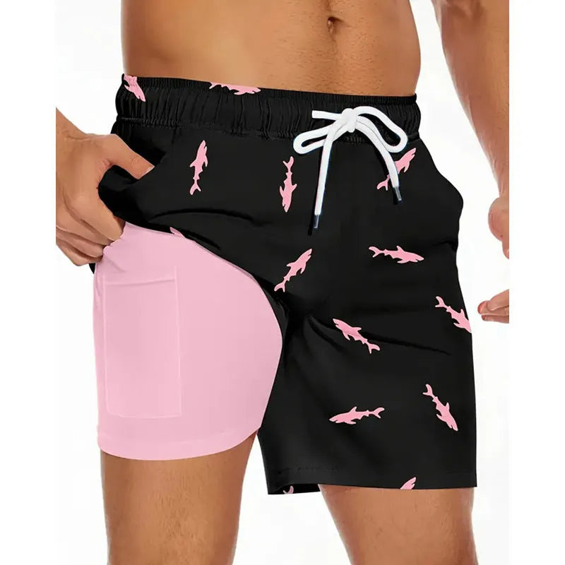 Man wearing loose-fit beige polyester beach shorts on a summer day.