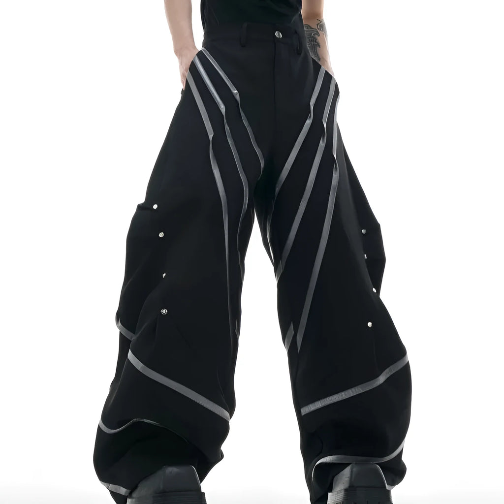 Men's black trousers with metal striped rivet pleats and three-dimensional cutting detail