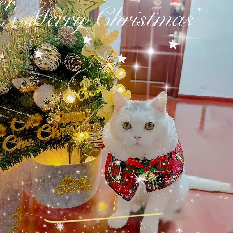 Festive pet scarf with snowflake bell design in red background for dog or cat winter holiday wear