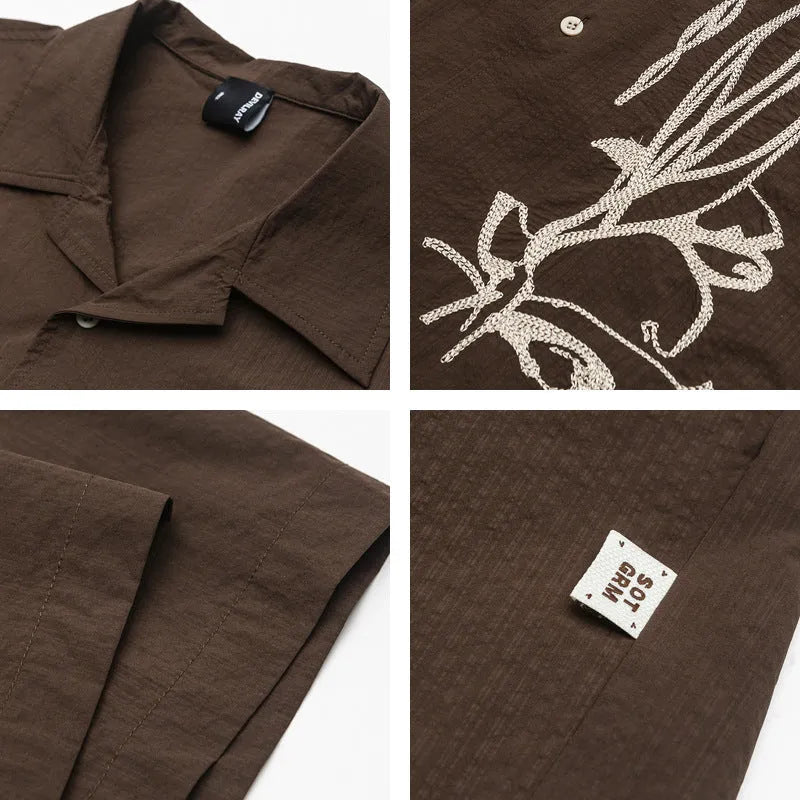 Brown striped short sleeve shirt with a Cuban collar, made from quick-dry polyester for outdoor camping.
