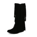 Women's suede mid-calf boots with tassel detail, square toe, and short chunky heel in beige, black, brown, red, and yellow colours.