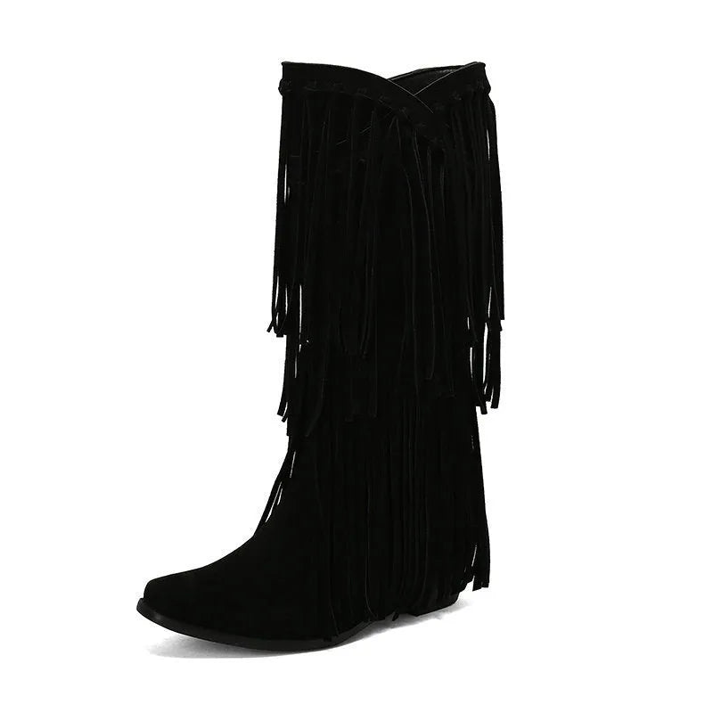 Women's suede mid-calf boots with tassel detail, square toe, and short chunky heel in beige, black, brown, red, and yellow colours.