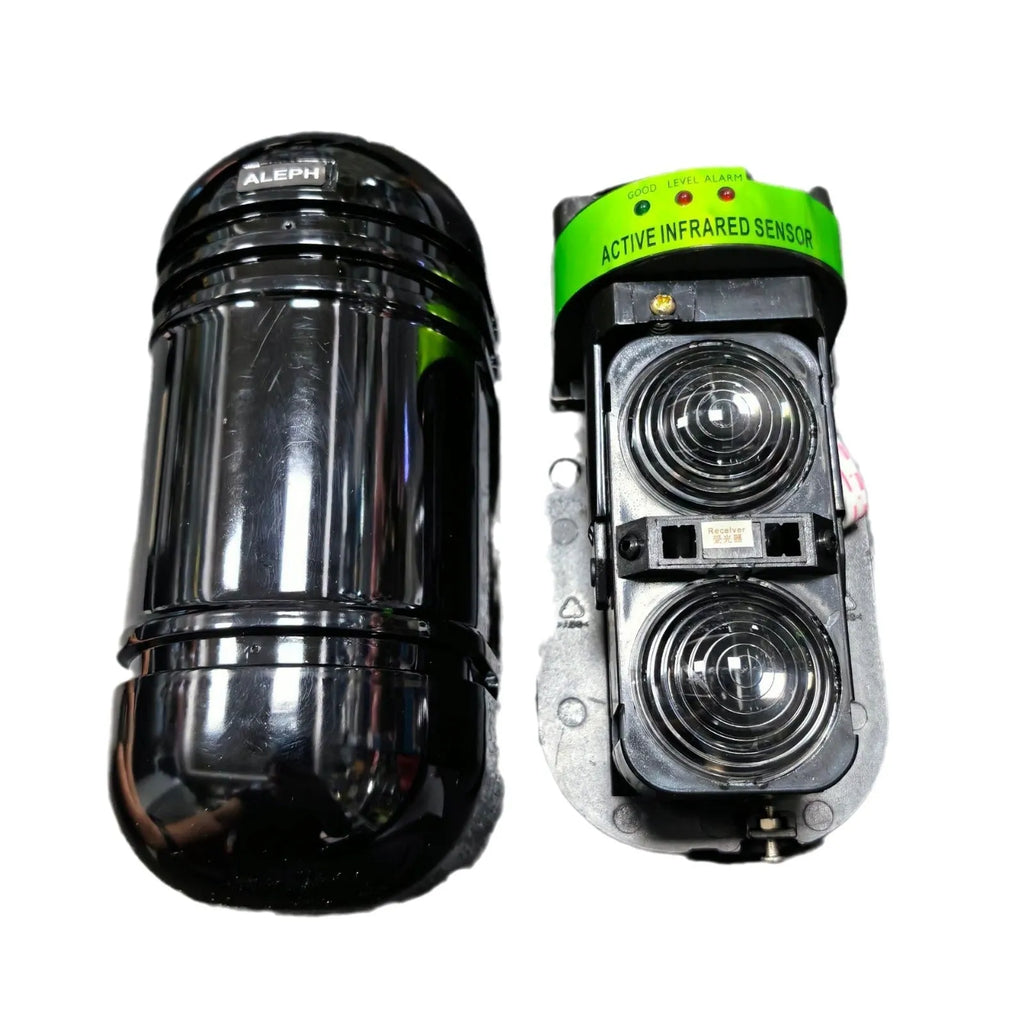 Black infrared security alarm detector with dual-beam 150 metre range for perimeter protection
