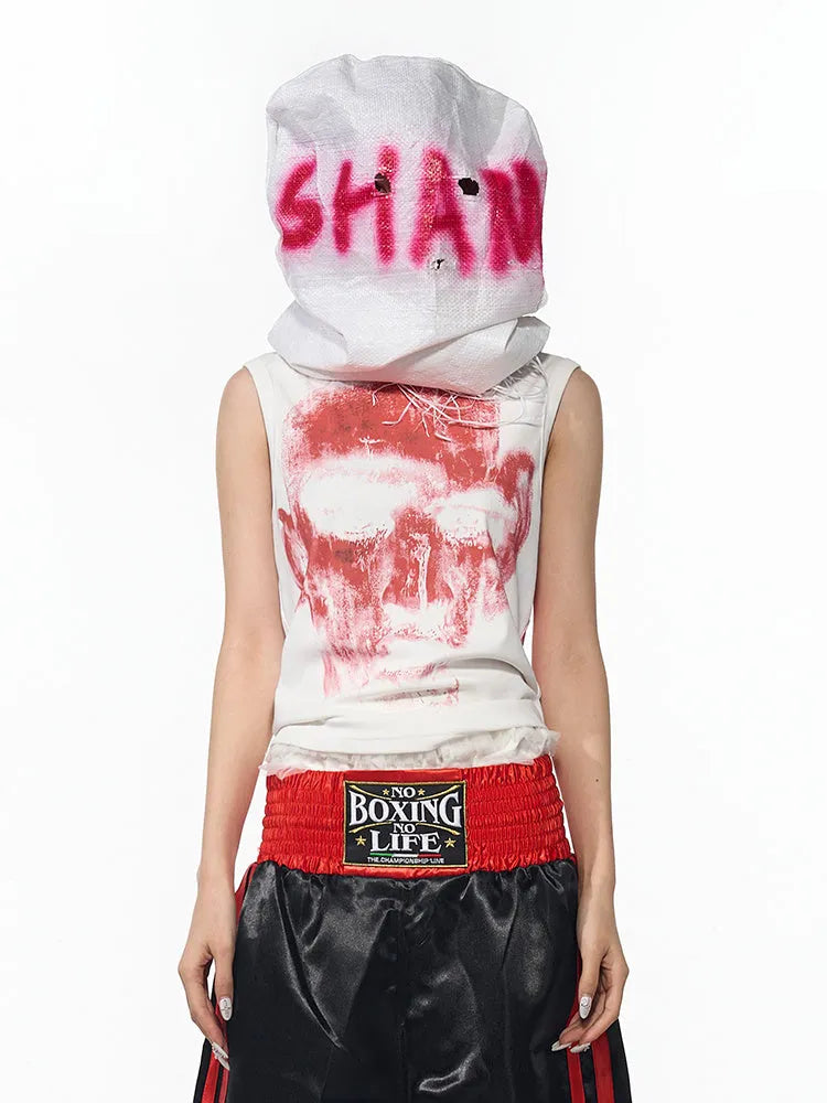 Black sleeveless t-shirt with half turtleneck collar and printed character pattern in slim fit style