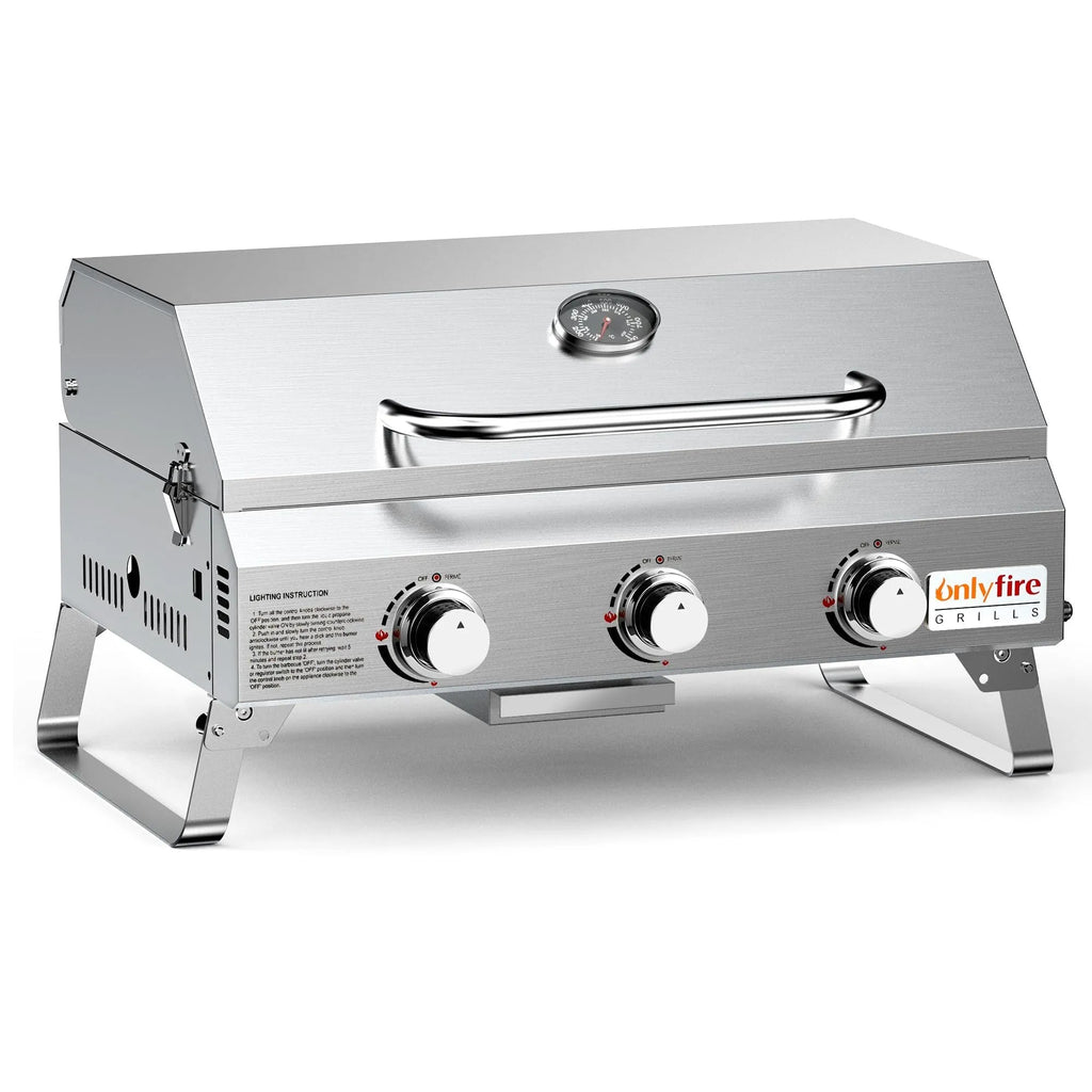 Silver stainless steel desktop gas barbecue grill with three burners and foldable legs